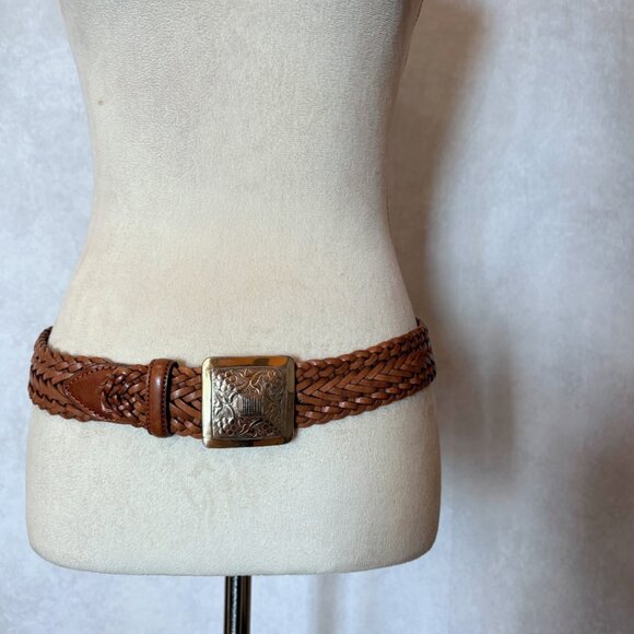 1 World Handmade Braided Leather Belt Brown Silver Square Buckle Size M main image 8